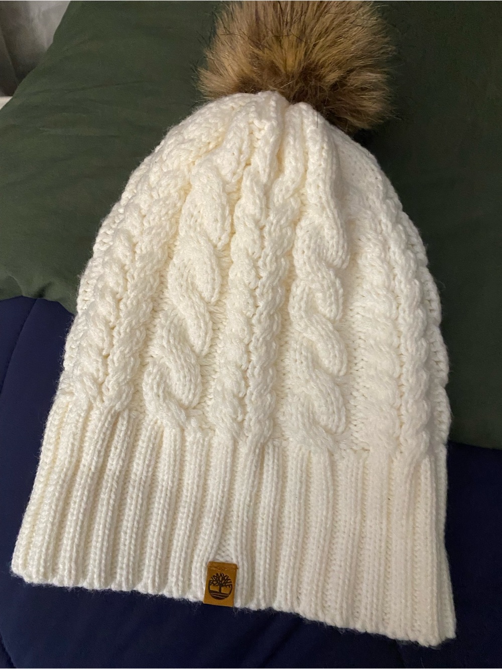 Timberland Cream Cable Knit Pom Beanie with Faux Fur Pom